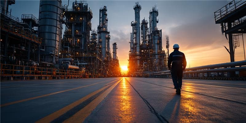 Industrial tanks at dusk